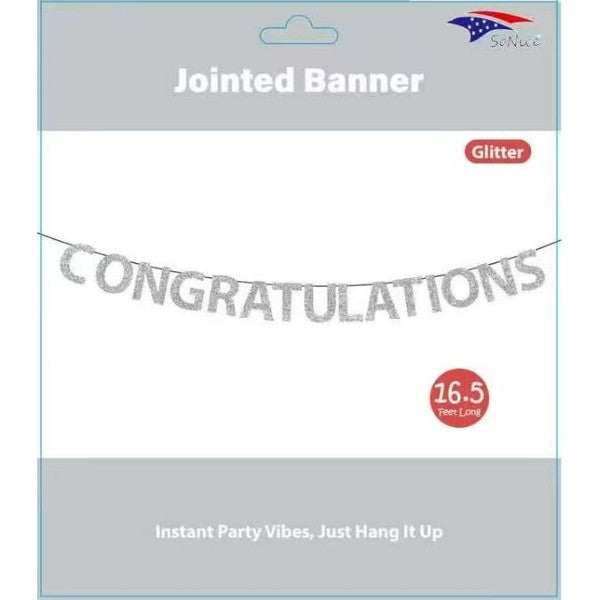 Silver glitter congratulations joined banner, 16.5 feet